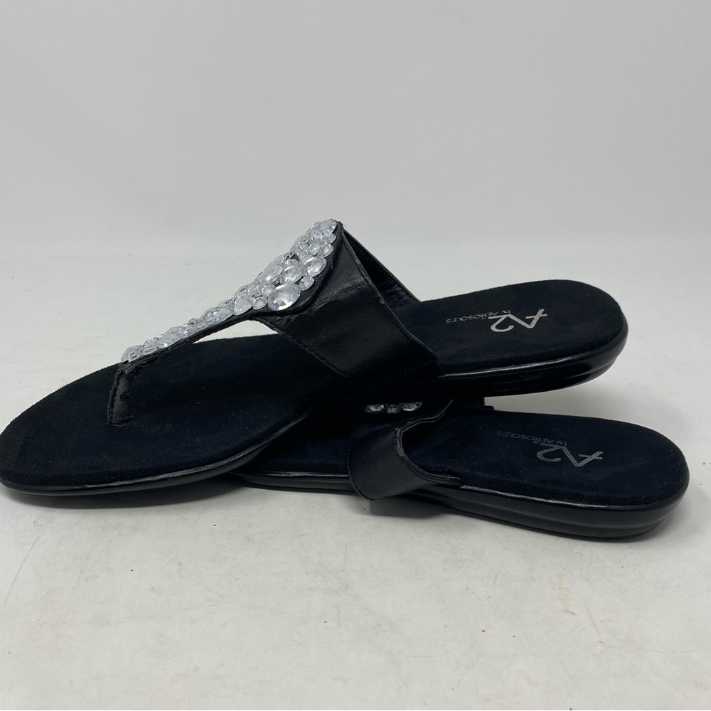 Women's A2 Aerosoles Black Rhinestone Bling Thong Slip-On Sandals US 8.5 EU 6.5